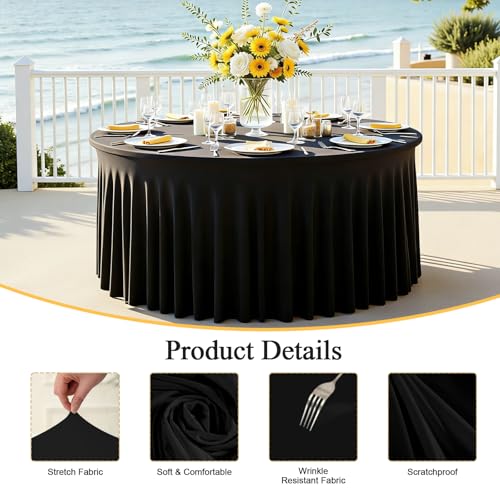 2Pack Black Round Spandex Tablecloths for 72inch/6FT Tables - Stretchy Fitted 6FT Round Table Cloths Wrinkle Free 132inch Table Cloth with Skirt for Wedding Birthday Graduation Party Banquet