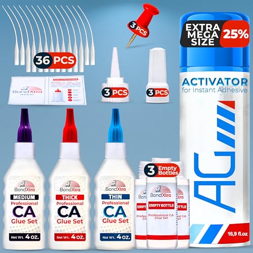 BondXtra CA Glue Mix with Activator (4 oz Thick + Thin + Medium) Cyanoacrylate Super Glue and 16.9 fl oz Accelerator Spray Kit for Woodworking, Crafts, Repairs, and DIY (1 Pack)
