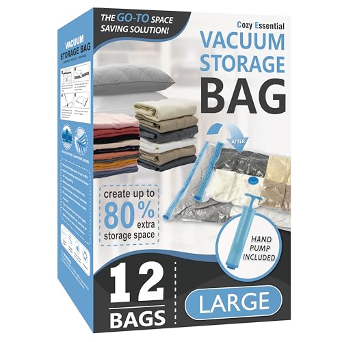 Image of Cozy Essential Vacuum Storage Bags, 80% Compression Vacuum Seal Space Saver Plastic Packaging Bags for Clothes, Blankets, Pillow, Bedding, Comforters, Sealer Clothing Storage,12 Large