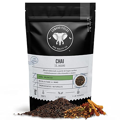Edward Fields Tea ® - Té Negro Chai Latte orgánico a granel. Té bio recolectado a mano con ingredientes y aromas naturales y ecológicos. India. 60g / 30 tazas