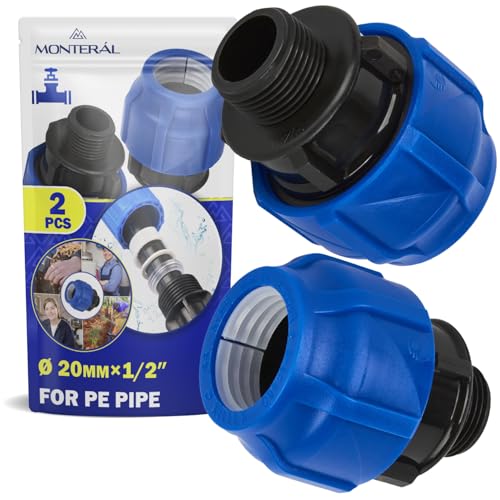 2 Piezas Racor Manguito Ø 20 mm x 1/2″ con Rosca Macho de Polipropileno PP para Conectar Tubo Polietileno PE - MONTERAL