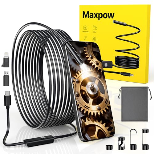 Maxpow Endoscopio Camara de Inspeccion - 𝟏𝟗𝟐𝟎 𝐇𝐃 𝐈𝐏𝟔𝟕 𝟖 𝐋𝐄𝐃 Endoscopio Resistente al Agua, Plug & Play para iPhone/Android (sin WiFi) con Captura de Pantalla y Vídeo 5M - Upgraded