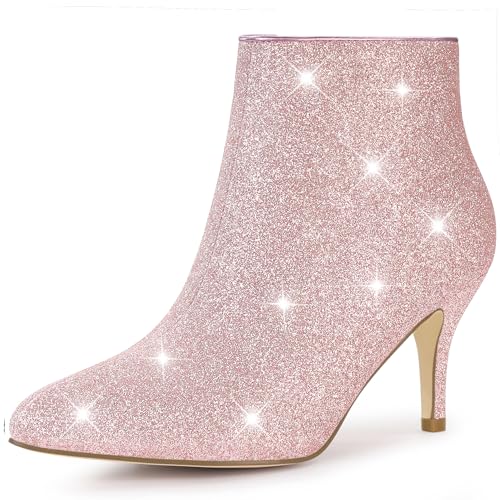 Allegra K Allegra K Women's Glitter Pointed Toe Stiletto Heel Ankle Light Pink Boots 8 M US