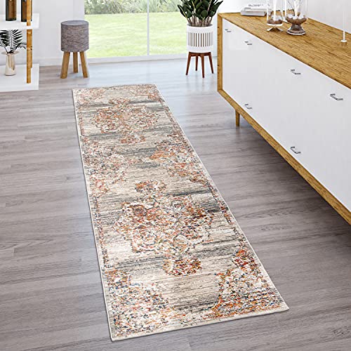 Paco Home Teppich Wohnzimmer Kurzflor Vintage Pastell Orient Muster Mit Bordüre Grau Braun, Grösse:120x170 cm