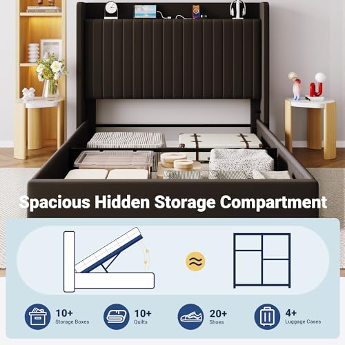 Image of Allewie Full Size Lift Up Storage Bed Frame,Storage Shelf Headboard with Charging Station,Type-C and USB Ports,Hydraulic Support,Velvet Upholstered Bed Frame,No Box Spring Needed,Black