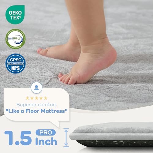 Image of 1.5 inch Thick Baby Play Mat for Floor 50x50 Soft Foam Mats, Light Grey | Memory Mat for Baby to Play, Waterproof Easy Care with Non-Slip Tummy Time Play Mat for Nursery Playroom Classroom