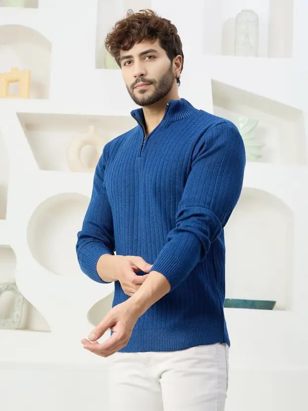 Image of ColorChakra High Neck Woollen Sweater for Mens Half Zip Wool Cardigan Plus Size M to 5XL
