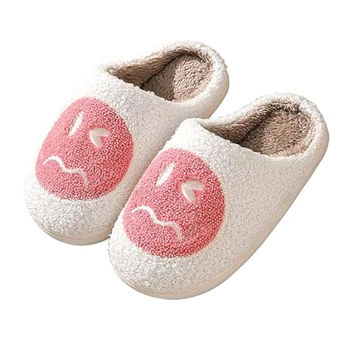 Cute Kids' Cartoon Smile Face Slippers, Soft Plush, Non-Slip, Warm, Indoor/Outdoor, White/Pink