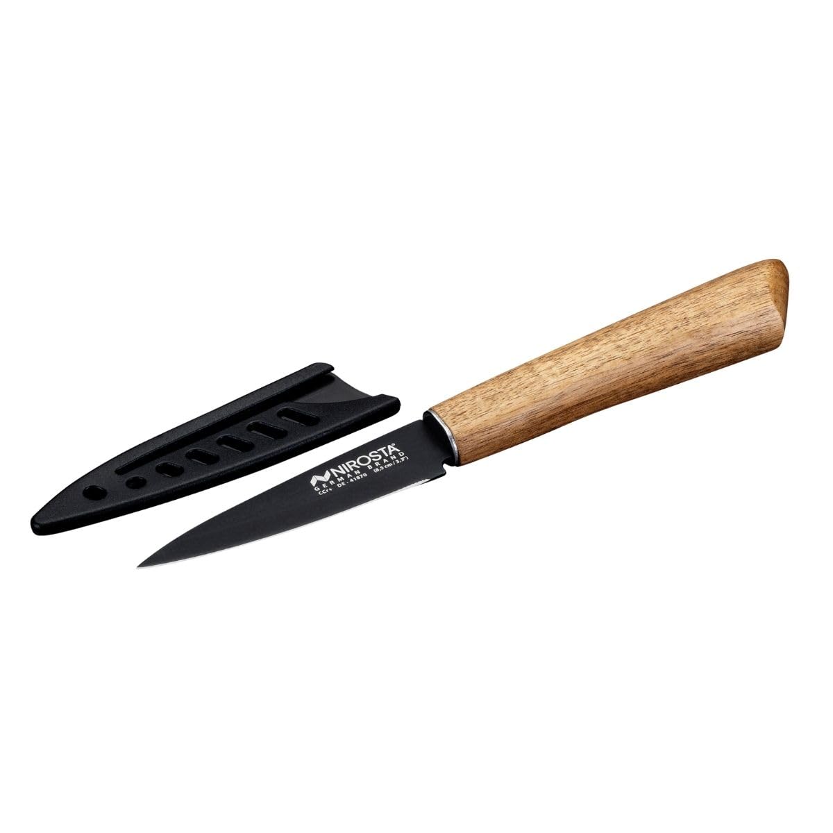 Nirosta 41870 Couteau Légumes et Fruits 19,​5 cm, Lame Acier Inoxydable avec Revêtement Antiadhésif sans PFAS, Couper, Epépiner, Emincer, Manche Bois Acacia Certifié FSC™, Protège-​Lame PP Recyclé, Noir