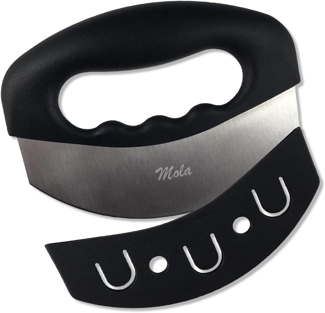 Mola Salad Chopper – Scraper and Chopper, Rocker Knife, Mezzaluna Knife, and Salad Cutter with Stainless Steel Blade and Sheath for Vegetables, Herbs, and More Mola Salad Chopper – Scraper and Chopper, Rocker Knife, Mezzaluna Knife, and Salad Cutter with Stainless Steel Blade and Sheath for Vegetables, Herbs, and More