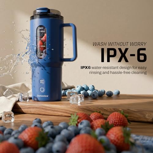 Image of Domestica Blendo Portable Blender for Smoothie and Juices | Portable Juicer Mixer Blender for Fruits with 6-Blade Ice Crushing, 18000 RPM Motor | Compact Mixer Grinder | BPA-Free 500ml (Blue)