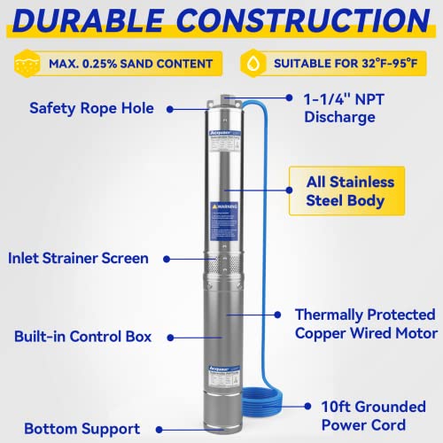 Acquaer 1 Hp 220V Deep Well Submersible Pump, 36 Gpm, 207' Head, Stainless Steel, 4'' Deep Well Water Pump For Irrigation thumb #4