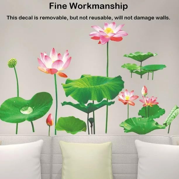 Orbica 3D Flower Wallpaper Sticker Lotus Flower Floral Wall Sticker Art Peel and Stick Self Adhesive for Living Room Bedroom Delightful Realistic Vibrant Greenish Bright Color 1