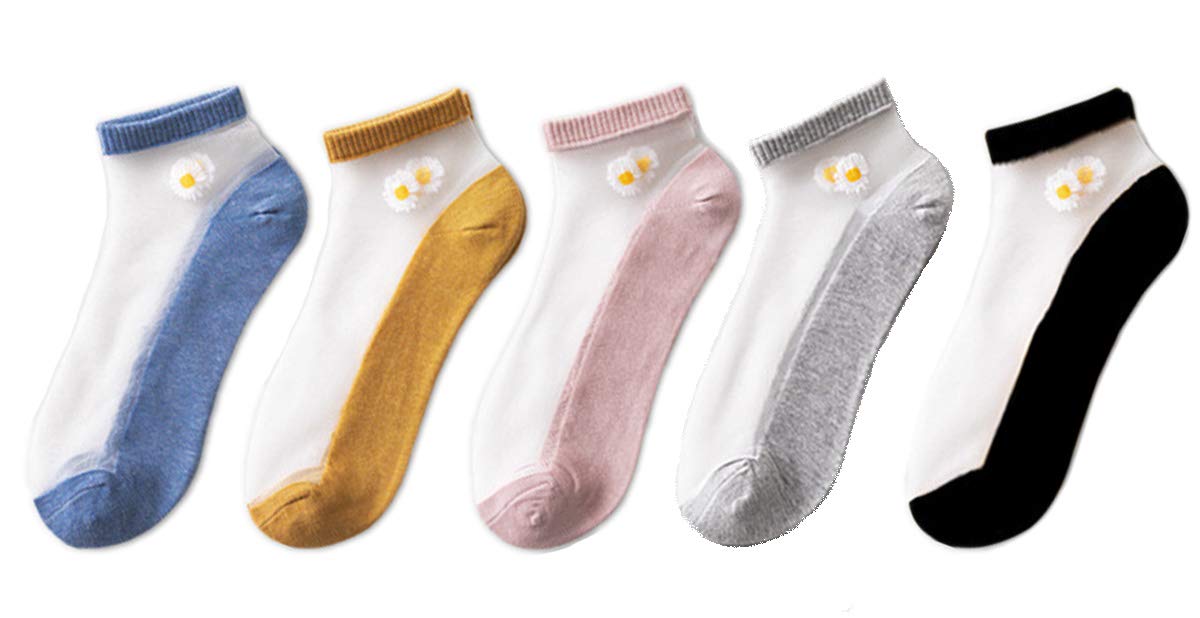 Ulalaza Women Sheer Transparent Lace Embroidery Panel Crystal Sparkly Socks 5 Pack