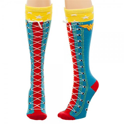DC Comics Wonder Woman Faux Lace Up Knee High Boot Socks with Cuff