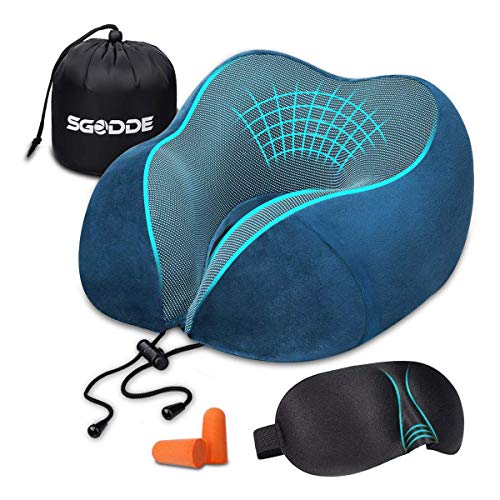 SGODDE Coussin Voyage, Oreiller Avion Mémoire de Forme, Coussin Voyage Cervical Support 360 Soutien de Cou de Tête pour Voyage/Bureau/Avion Inclus Masque de Sommeil, Bouchons d'oreille