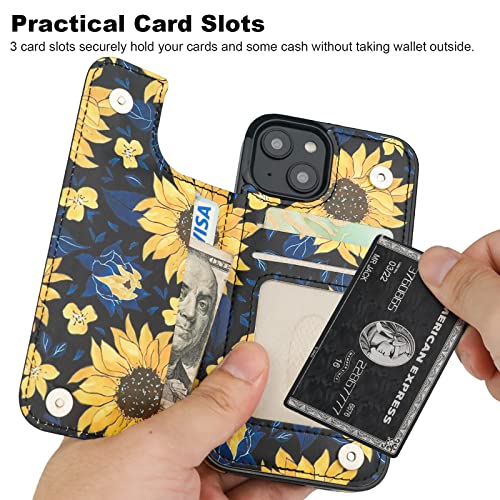 Image of HAOPINSH for iPhone 13 Case Wallet with Card Holder, Blooming Sunflowers Pattern Back Flip Folio PU Leather Kickstand Card Slots Case for Women Girls, Double Magnetic Clasp Shockproof Cover 6.1 inch