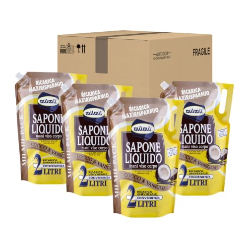Milmil Sapone Liquido, Fragranza Cocco, Ricarica Universale Maxirisparmio, Dermatologicamente Testato - 4 x 2000 ML
