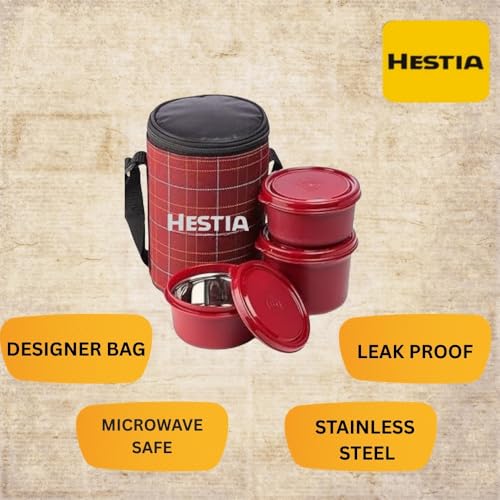 Image of Stainless Steel Lunch Box with Bag (400ml, 600ml, 250ml) | Microwave Safe Office Lunch Box with Bag | 3 Containers Tiffin Box Set for Office, School & Travel (Red)