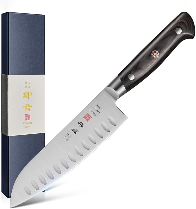 7 Inch Santoku Knife, Japan AUS-8 Alloy Steel Japanese Knife with Full-Tang Black Pakkawood Handle, Vegetable Chopping Knife with Premium Gift Box (Classic Series)
