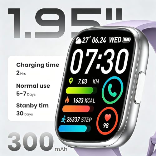 Image of Smart Watch for Men Women, 1.95 inch Touchscreen Fitness Tracker with Bluetooth Calling, Fitness Watch with 110+ Sports Modes /Heart Rate /Sleep Monitor, IP68 Waterproof Smartwatch for Android iOS, Purple