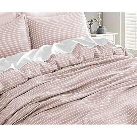 Get Bed Ready Stonewashed Cotton Narrow Pinstripes Chambray Duvet Cover Relaxed Minimal Classical Shore House Style Bedding Set Yarn Dyed Striped Pattern Nautical Breton Stripe (Twin, Blush) Cover