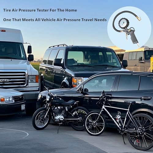 Image of Tire Inflator with Pressure Gauge (0-220 PSI) Heavy Duty Air Chuck and with with Rubber Hose Compressor Accessories and Quick Connect Coupler Applications Car RV Truck Motorcycle Bicycle