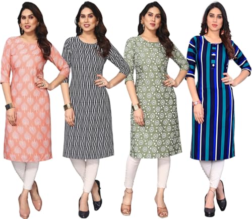 Image of JAKHANA Women's Crepe Printed Casual Straight Calf Length Round Nick Kurta Pack of 4