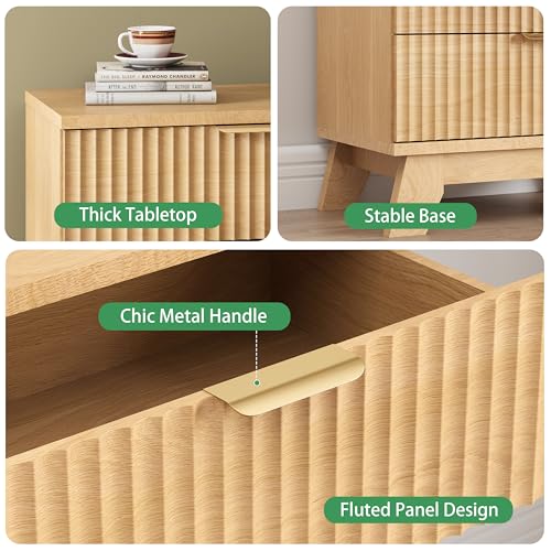 Image of Fluted Dresser for Bedroom with 3 Drawers, 24 inch Wide Modern Chest of Drawers with Metal Handle, Wooden Dresser TV Stand, Wood Closet Clothes Storage Organizer for Living Room, Hallway, Natural Oak