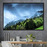 Framed Canvas Wall Art Foggy Mountains Aerial Cool Multicolor Nature Photography Realism Relax/Calm Rustic Wilderness - 16x24 inches