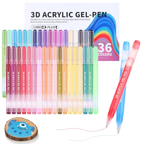 KEMYR 36 Vibrant Colors 3D Acrylic Gel Pens with Plus Ink,1mm Bullet Tip Smooth Flow Gel Markers for Black Paper,Journal,DIY Cards,Fabric,Leather,Sketches,Ideal for Artists & Stationery Enthusiasts