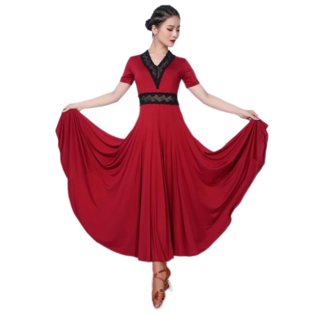 Spódnica do tańca towarzyskiego z dekoltem w serek, duża, rozkloszowana Sukienka do ćwiczeń walca dla pań Szycie koronką Sukienki do tańca flamenco w standardzie narodowym