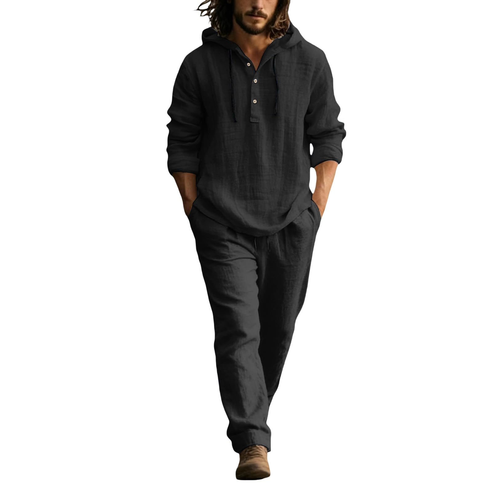 Completo Estivo da Uomo 2 Pezzi Lino Cotone - Camicia Button Manica Lunga + Pantaloni Tinta Unita Traspirante Comodi - Set Casual Sportivo Spiaggia Vacanza Yoga Pigiama Palestra Fitness Tuta Completa
