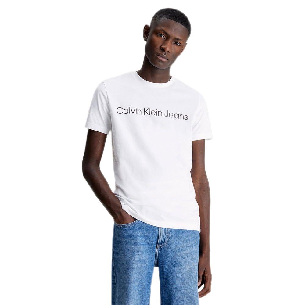 Calvin Klein Men’s Short Sleeve Round Neck Core Institutional Logo Slim Fit T-Shirt, White (Bright White), XXL