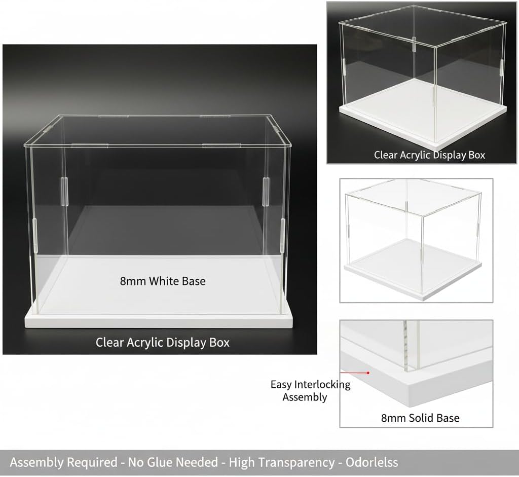 Clear Acrylic Display Case, Assemble Cube Display Box Stand with PVC Material White Base, Dustproof Protection Showcase for Collectibles Memorabilia Figurines (8*8*8inch;20*20*H20cm)