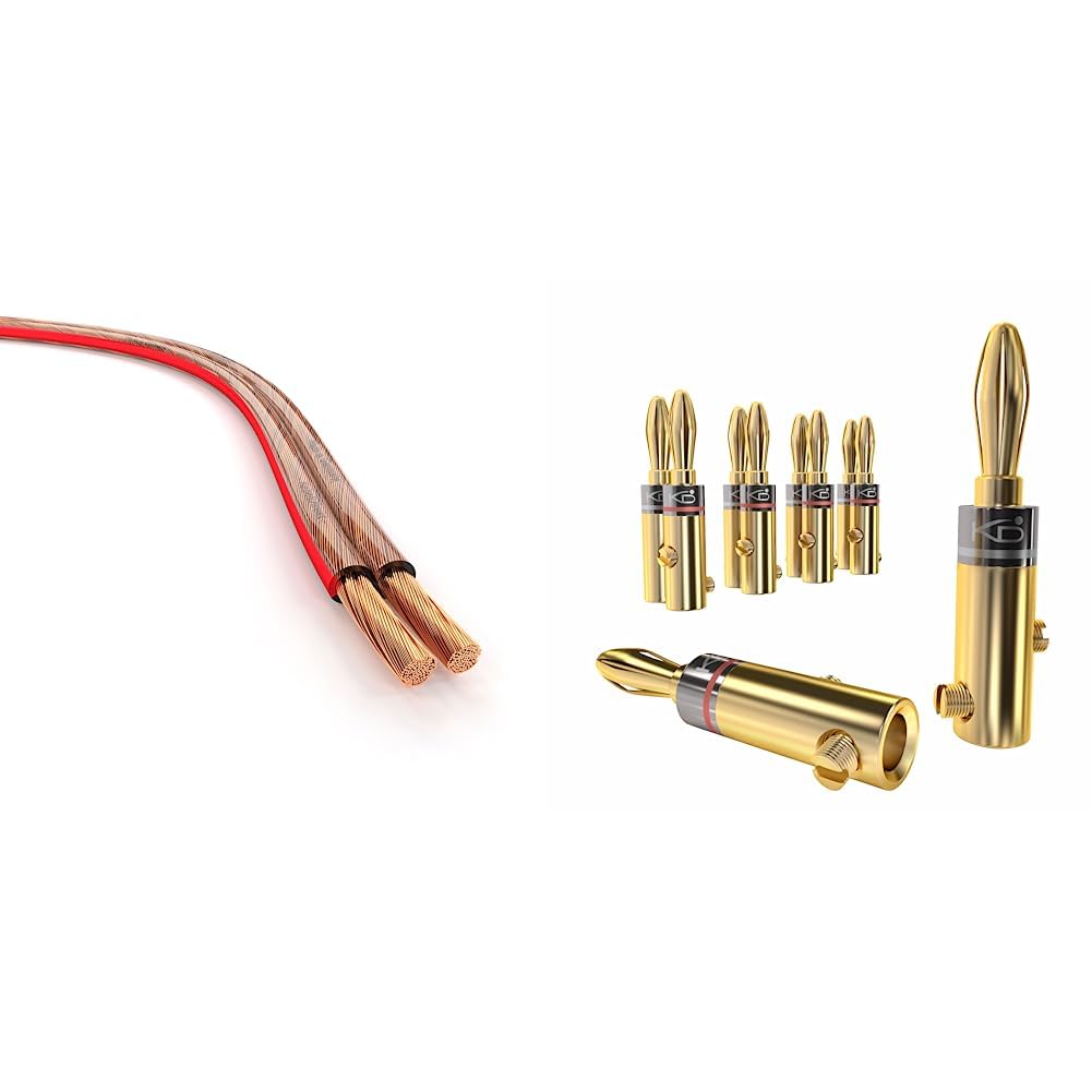 KabelDirekt - Pure Copper Stereo Audio Speaker Wire and Cable & Banana Plug (6mm² connectors, screwable) (5 pairs)