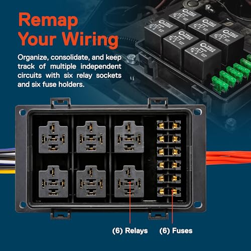 12V Auto Waterproof Fuse Relay Box Block Kit w/ 12AWG + 16AWG Pre-Wired Harness [6 Bosch Style Relays & 10 Fuses Included] Universal Relay Panel for DC Automotive Vehicles Cars Marine Boat Jeep