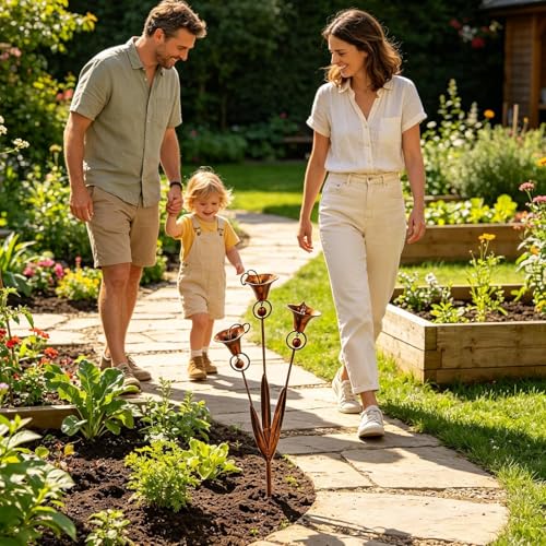 Piquet de jardin en cuivre flammé avec trois lys de calla idée cadeau art de la cour