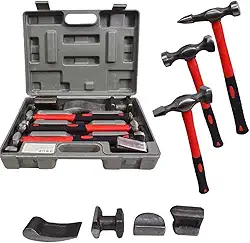 JOGO CHAPEADOR REPARO AUTOMOTIVO 7 PEÇAS, 3 MARTELOS E 4 TASSOS//MTX