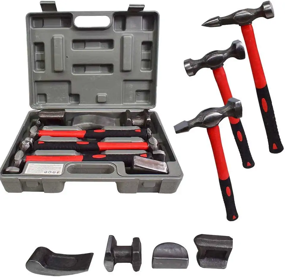 JOGO CHAPEADOR REPARO AUTOMOTIVO 7 PEÇAS, 3 MARTELOS E 4 TASSOS//MTX