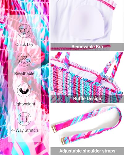 Image of Womens Tankini Swim Tops Bandeau Bathing Suit Top No Bottom | Removable Straps and Pads, Tummy Control Flowy Design
