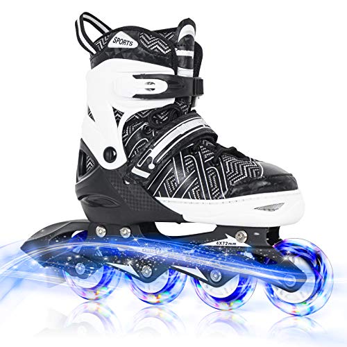 Nattork Black Adjustable Inline Skates for Kids with Full Light up Wheels,Fun Illuminating Roller Skates for Boys and Girls,Youth and Beginners