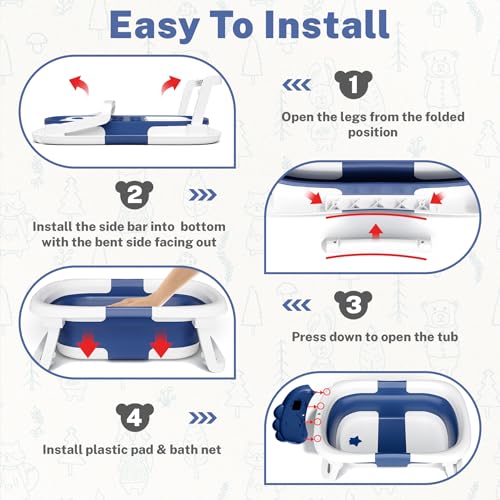 Image of AVIDOR Baby Bathtub,Collapsible Bathtub for Newborn to Toddler,Durable Essential Infant Bath Tub,Portable Travel Baby Tub with Soft Bath Net,No-Slip Feet and Dinosaur Shaped (Navy Blue)