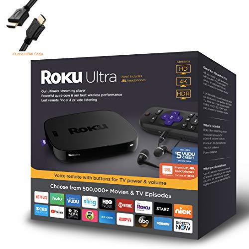 Roku Ultra 4K HDR Streaming Player with JBL Headphones - HD/4K/HDR/Dolby Vision with Dolby Atmos, Roku Voice Remote with TV Controls, HDMI, Ethernet, Micro SD Ports - Black - iPuzzle HDMI Cable 3ft