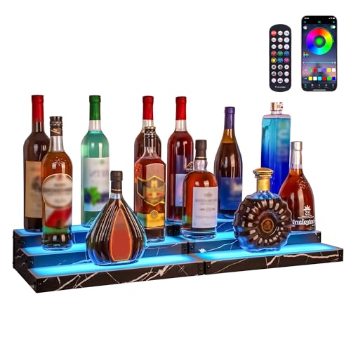 KlearBloom Lighted Liquor Bottle Display Shelf 2-Pack, RGB 3-Tier Bar Shelf with Music Sync, Black Marble-Look Finish on Wood, Remote & App Control, USB Powered for Home Bar & Party
