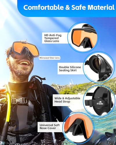 Freela Adult Dry Snorkel Set Scuba Diving Mask with Nose Cover for Men Women Youth, Safety Tempered Glass 180° Wide View, Anti Fog No Leak Mirrored Orange Len Snorkeling Gear for Swimming, Diving — view 4
