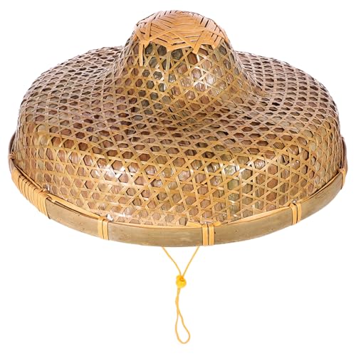Chapeau de pêche en bambou tissé main avec corde et protection anti-pluie