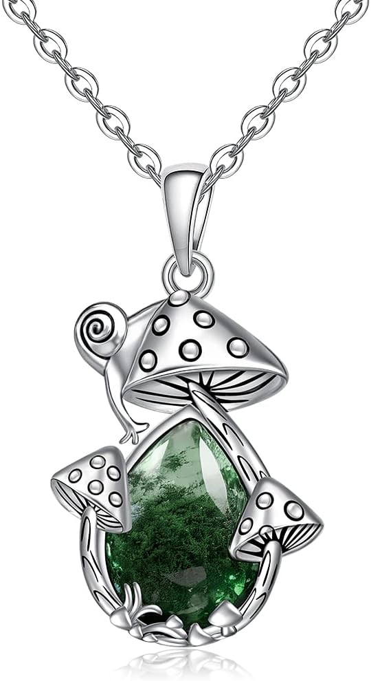Mushroom Necklace for Women Moss Agate Necklace Mushroom Jewelry Gifts for Women Sterling Silver Pendant Lovers Anniversary Birthday Mothers Day