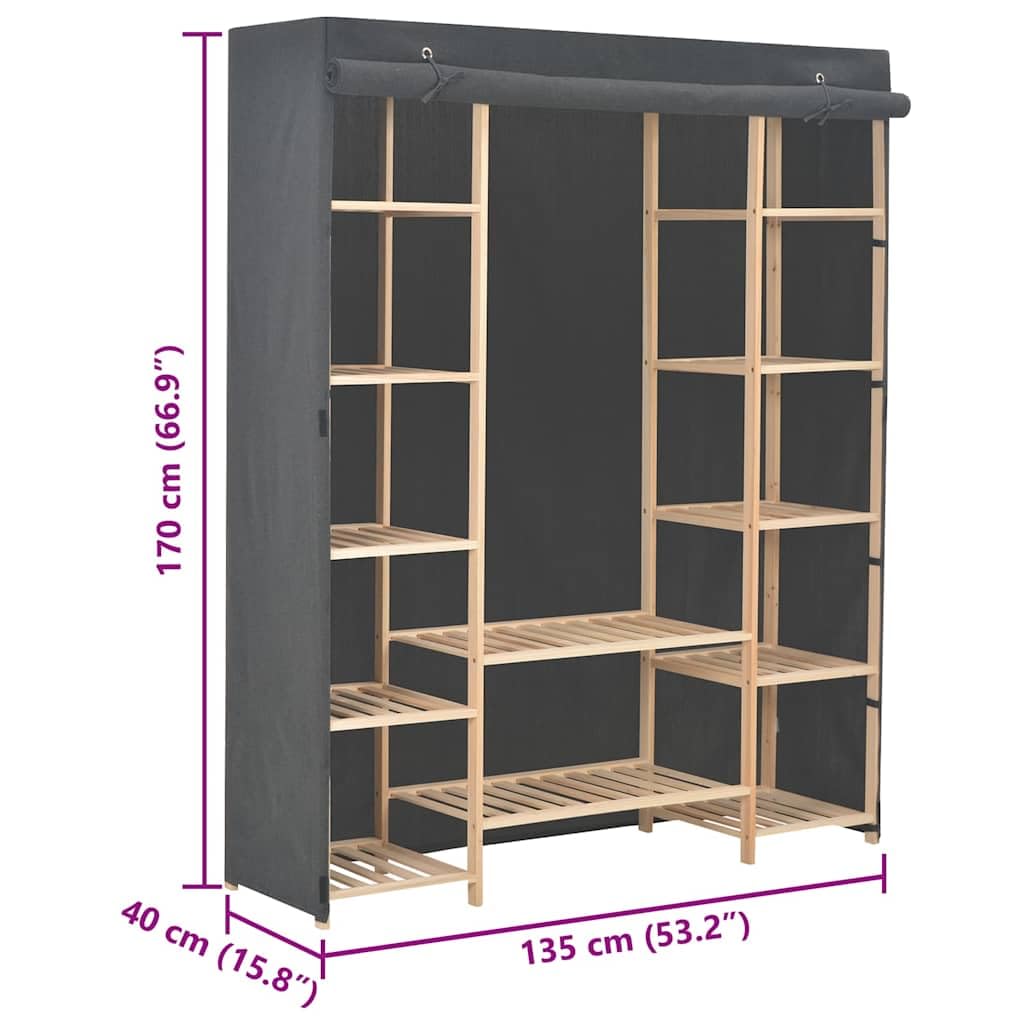 Kleiderschrank Grau 135 x 40 x 170 cm Stoff mit Schiebetüren und Einlegeböden für Schlafzimmer, Kinder, Flur, Mehrzweck, Aufbewahrung, Organizer, Wäsche, Schubladen, Regal, Spiegel