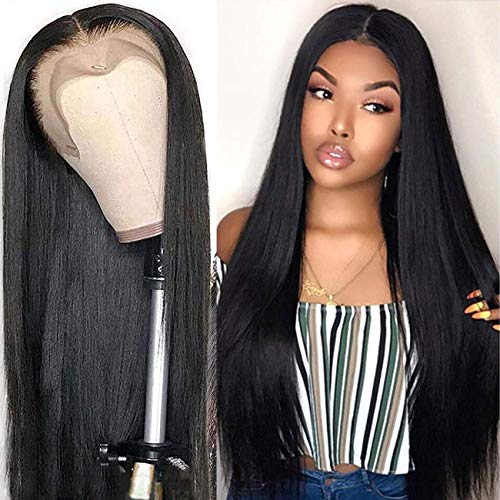 21AE Silky Straight Lace Front Wigs with Baby Hair Pre plucked Frontal 22 Inch Synthetic Wigs for Black Women Heat Resistant Fiber Wigs Middle Parting Natural Color Wig